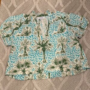 Olivia James: Tropical Print Blouse in Green and Blue